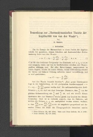 Bemerkung zur "Thermodynamischen Theorie der Kapillarität von van der Waals".