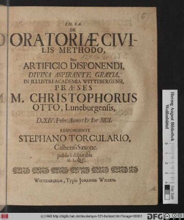 De Oratoriae Civilis Methodo, Seu Artificio Disponendi