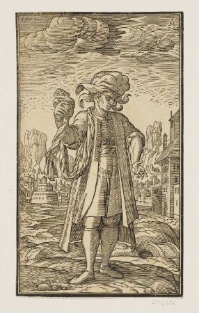 Bildnis eines Mannes vor einer Stadt, erstmals erschienen in: Melchior Lorch, "Wohlgerissene und geschnittene Figuren, in Kupfer und Holz, durch den kunstreichen und weitberühmten Melchior Lorch, für die Mahler, Bildhauer und Kunstliebenden an Tag gegeben Anno 1619.", Hamburg 1691