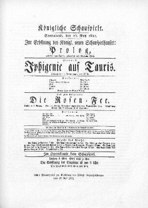 Erster Theaterzettel zur Eröffnung des Königl. Schauspielhauses vom 26. Mai 1821