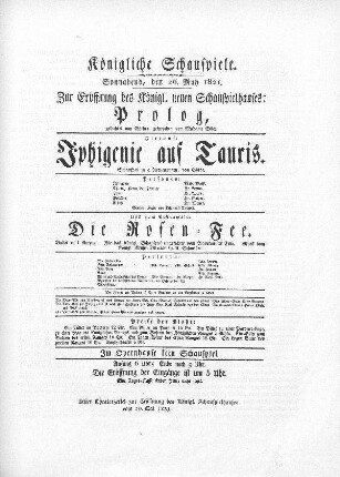 Erster Theaterzettel zur Eröffnung des Königl. Schauspielhauses vom 26. Mai 1821