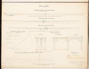 Flussregulierung Schinkelwettbewerb 1882: Flußprofile (Schnitte 1:500, 1:5000, 1:750), Interimsbrücke und Gleisumleitung (Schnitte, Ansichten 1:200, 1:50, Diagramm)