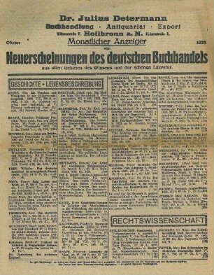 Monatlicher Anzeiger von Neuerscheinungen des deutschen Buchhandels, mit Eindruck von Dr. Julius Determann