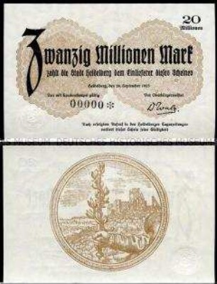 Heidelberg, Notgeld, Musterschein, 20 Millionen Mark