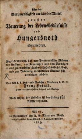 Ueber die Nothwendigkeit ... großer Theuerung der Lebensbedürfnisse ... abzuwehren