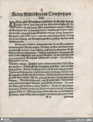 An den Mitreichen und Treuherzigen Leser.