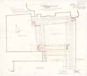 Gsaenger, Gustav; München, Theatinerstr.; Bayerisches Kultusministerium, Erweiterung - Vorprojekt Neubau, Baufluchtplan, Variante X zum Ladenhof (Grundriss OG)