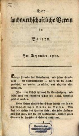 Der Landwirthschaftliche Verein in Baiern : am Schluße d. Septembers .... 1810