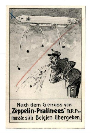 Kriegs Karte Nr. K. 28: Nach dem Genuß von "Zeppelin-Pralinees" ... 1914 ... Belgien ... (verboten)