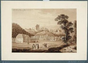 Ansicht der Burgruine in Tharandt mit dem Schlossteich