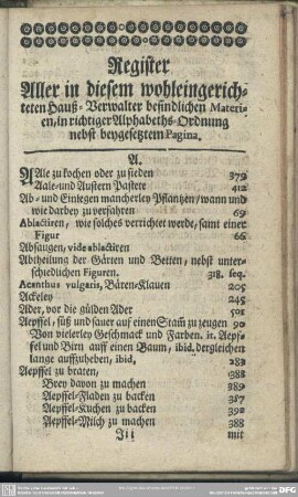 Register Aller in diesem wohleingerichteten Hauß-Verwalter befindlichen Materien, in richtiger Alphabeths-Ordnung nebst beygesetztem Pagina