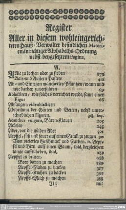 Register Aller in diesem wohleingerichteten Hauß-Verwalter befindlichen Materien, in richtiger Alphabeths-Ordnung nebst beygesetztem Pagina