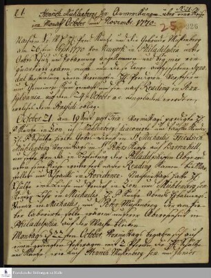 Reisetagebuch von Heinrich Melchior Mühlenberg.
