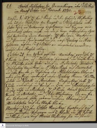 Reisetagebuch von Heinrich Melchior Mühlenberg.
