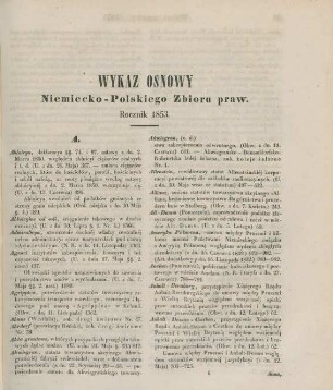 Wykaz osnowy Niemiecko-Polskiego Zbioru praw. Rocznik 1853