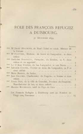 Role des françois refugiez à Duisbourg. 31 décembre 1699
