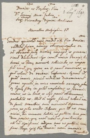 Marcello Malpighi (1628 - 1694) Autographen: Brief von Marcello Malpighi an Johannes Fabrius - BSB Autogr.Cim. Malpighi, Marcello