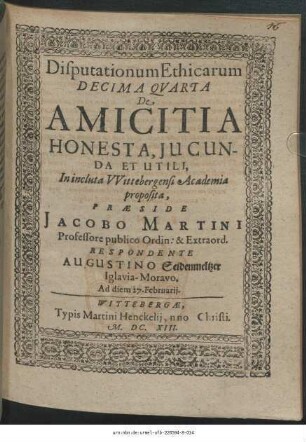 Disputationum Ethicarum Decima Quarta De Amicitia Honesta, Iucunda Et Utili