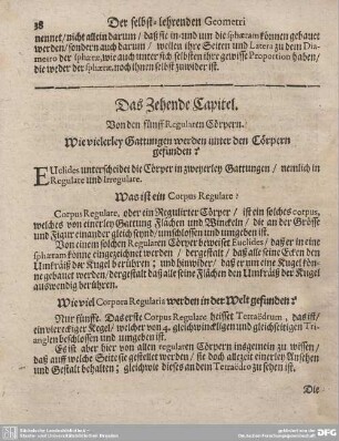 Das Zehende Capitel. Von den fünff Regularen Cörpern.