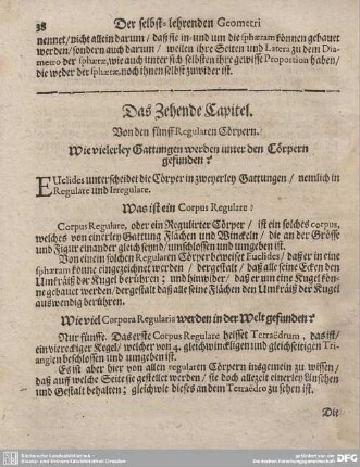 Das Zehende Capitel. Von den fünff Regularen Cörpern.