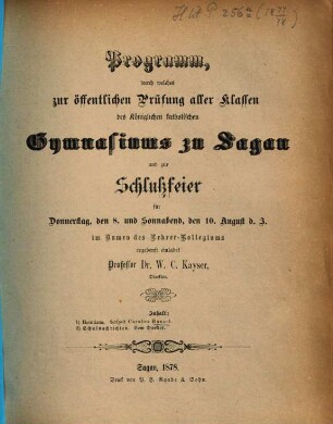 Programm des Königl. Katholischen Gymnasiums zu Sagan : über das Schuljahr ..., 1877/78