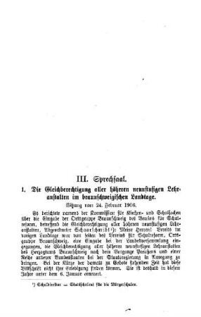Die Gleichberechtigung aller höheren neunstufigen Lehranstalten im braunschweigischen Landtage : Sprechsaal