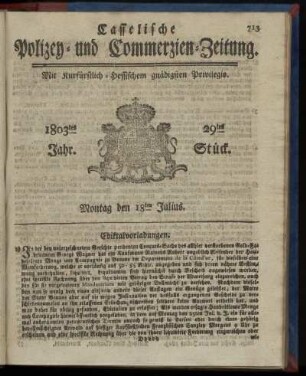 29tes Stueck, Montag den 18ten Julius 1803