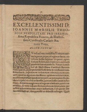 Excellentissimi D. Ioannis Marsilii Theologi Neapolitani Pro Serenissima Republica Veneta, de Illustrissimi Cardinalis Caesaris Baronii Voto. Aliud Votum.