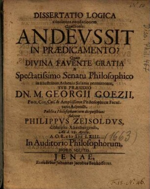 Dissertatio Logica continens enodationem Quaestionis: An Devs Sit In Praedicamento?