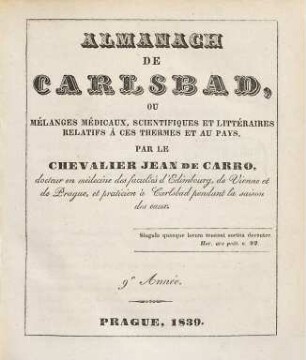 Almanach de Carlsbad ou mélanges médicaux, scientifiques et littéraires, relatifs à ces thermes et au pays, 9. 1839