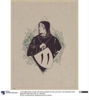 Mann in Kutte mit Schild. Illustration für Karl Lachmann. Die Nibelunge. Berlin: Stargardt 1898-1904