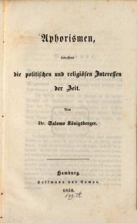 Aphorismen, betreffend die politischen und religiösen Interessen der Zeit