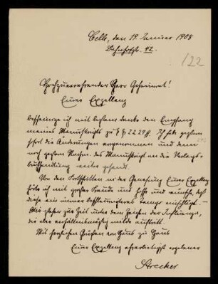 122: Brief von Otto Strecker an Gottlieb Planck, Celle, 19.1.1908