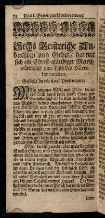 74-112, Sechs Geistreiche Andachten und Gebet / darmit sich ein Christ-gläubiger Mensch würdiglich zum Tisch des Herrn kan bereiten.