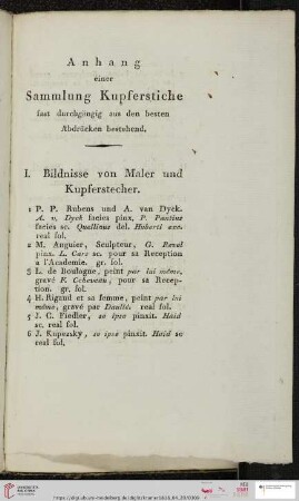 I. Bildnisse von Maler und Kupferstecher (Nr. 1 - 10)