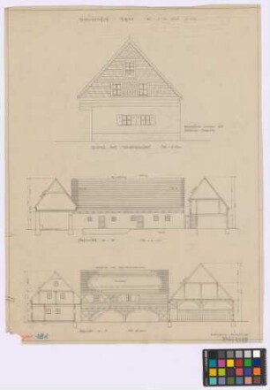 Eger ([Landkreis Eger]): Bauernhof. - Wohnhaus (Giebel-Ansicht, Seiten-Ansicht, Querschnitt). - [Rindviehstall] (Querschnitt). - [Schupfen] (Querschnitt, Seiten-Ansicht. - [Scheune] (Querschnitt)