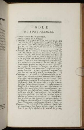 Table Du Tome Premier. [Tab. siehe römische Paginierung]