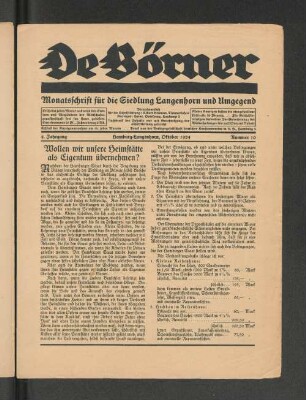 4. Jahrgang, Hamburg-Langenhorn, Oktober 1924, Nummer 10 : Monatsschrift für die Siedlung Langenhorn und Umgebung