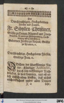 Der Durchleuchtigen, Hochgebornen Fürstin und Frauen, Fr. Sibyllen-Christinen ...