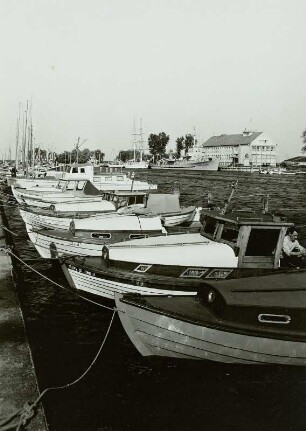 Greifswald-Wieck. Bootshafen an der Ryck-Mündung, gegenüber Seesportschule, davor u.a. Segelschulschiff "Wilhelm Pieck"