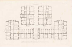 Städtisches Allgemeines Krankenhaus, Berlin-Friedrichshain: Grundrisse 1.OG Verwaltungsgebäude (aus: Atlas zur Zeitschrift für Bauwesen, hrsg. v. G. Erbkam, Jg. 25, 1875)