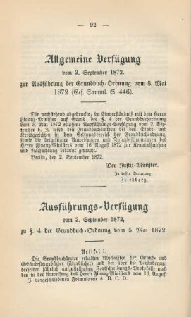 Allgemeine Verfügung vom 2. September 1872, zur Ausführung der Grundbuch-Ordnung vom 5. Mai 1872