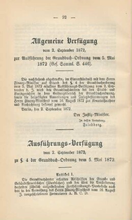 Allgemeine Verfügung vom 2. September 1872, zur Ausführung der Grundbuch-Ordnung vom 5. Mai 1872