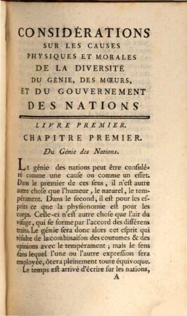 Considerations sur les causes ... de la diversité du Genie ... des nations