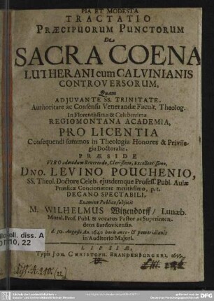 Tractatio praecipuorum punctorum de sacra coena Lutherani cum Calvinianis controversorum