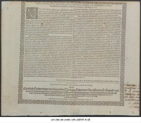 Virisa Magnificis, Reverendis, Consultissimis, Clarissimis, Experientissimis & Doctissimis, hasce literas lecturis, visurisque S. P. P. : Multum nos debere pie defuntis Ecclesiae doctoribus ... M.R.E. & D. vestram officiosè colens M. Fridericus ab Helbach Ecclesiae eiusdem Pastor