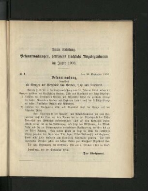 Vierte Abtheilung. Bekanntmachungen, betreffend kirchliche Angelegenheiten im Jahre 1903.