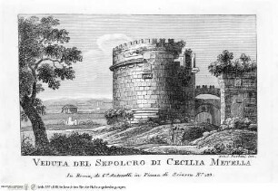 Nuova raccolta delle principali vedute antiche, e moderne dell'alma città di Roma e sue vicinanze / incise a bullino da Achille Parboni l'anno 1824 Roma, Giacomo Antonelli, letztes Jahr im Buch: 1829 - ca. 1830Veduta del Sepolcro di Cecilia Metella - Nuova raccolta delle principali vedute antiche ...