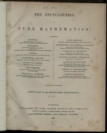 The Encyclopaedia of Pure Mathematics : Forming Part of the Encyclopaedia Metropolitana