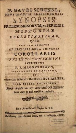 P. Mauri Schenkl ... Synopsis prolegomenorum ac periodi I. historiae ecclesiasticae